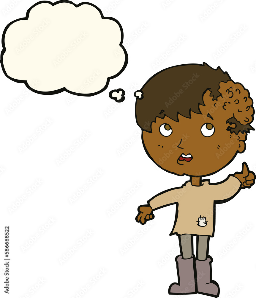 cartoon boy with growth on head with thought bubble