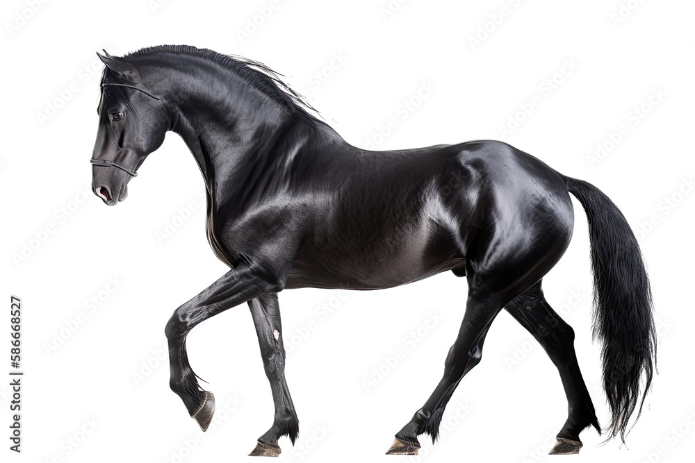 an equestrian-themed photographic illustration of a black stallion horse rearing and running on a transparent background in PNG. T-shirt design. Generative AI