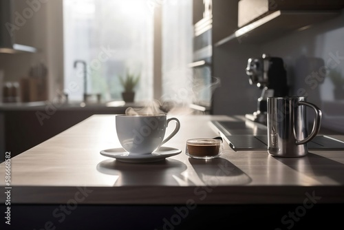 Morning Close-up of Steamy Cup for Breakfast Coffee with Smoke on Table blur Background © Thares2020