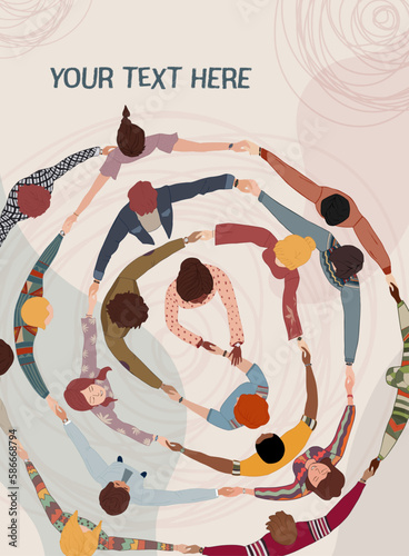 Multicultural volunteer people in circle holding hands. Support and assistance. NGO. Aid. Solidarity charity and donation. Give and help. Poster banner template. No profit.People diversity