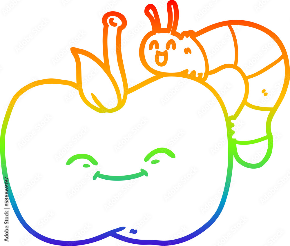 Fototapeta premium rainbow gradient line drawing cartoon apple and bug