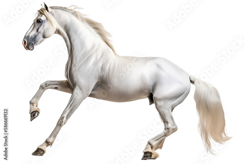 an equestrian-themed photographic illustration of a white stallion horse colt rearing, jumping, and running on a transparent background in PNG. T-shirt design. Generative AI