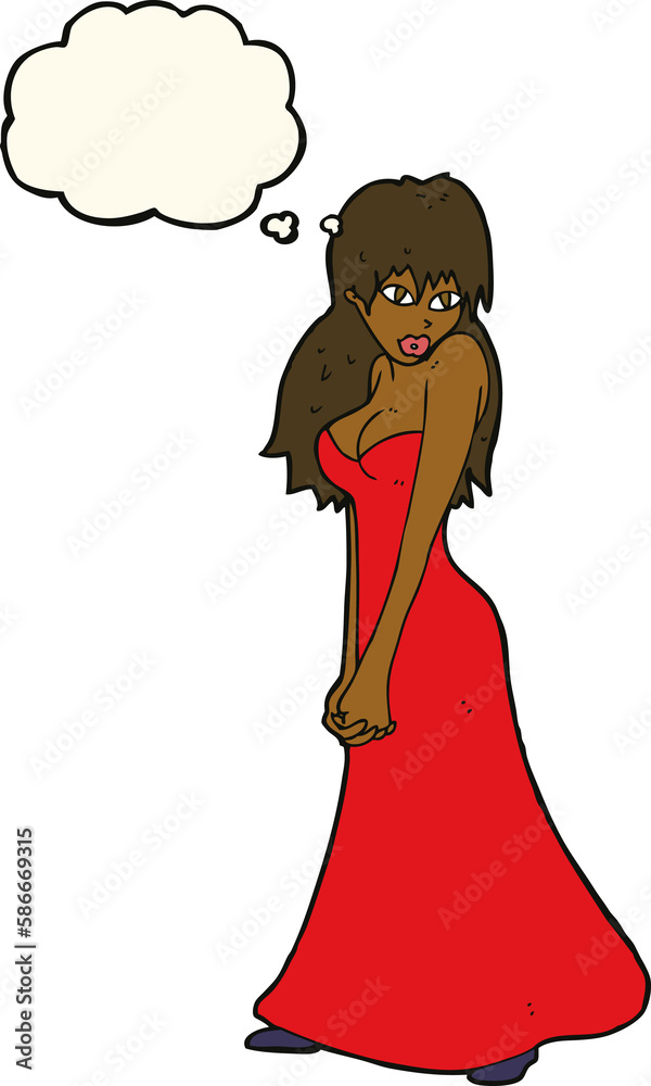 cartoon pretty woman in dress with thought bubble cartoon pretty woman in dress with thought bubble