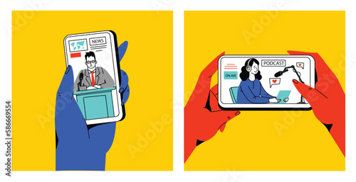 Concept of news, watching video online, podcast, talk show, tv application, live streaming. Hand holding smartphone with man with microphone on screen. Vector illustration in flat style