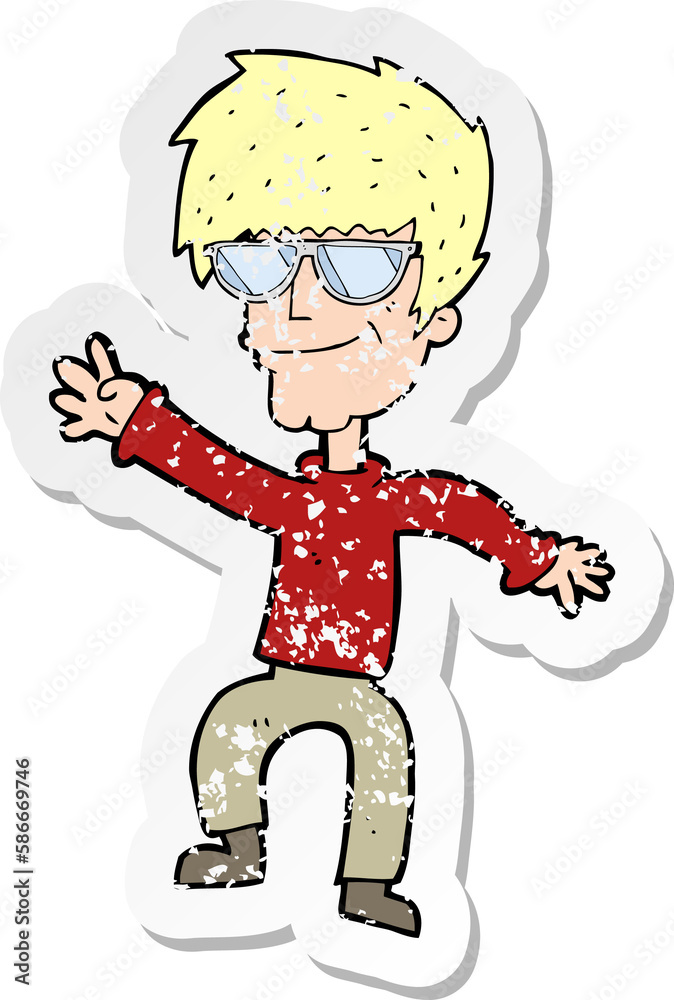 retro distressed sticker of a cartoon waving cool guy retro distressed sticker of a cartoon waving cool guy