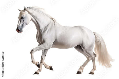 an isolated white quarter horse running  side view portrait  equestrian-themed photorealistic illustration on a transparent background cutout in PNG  Generative AI