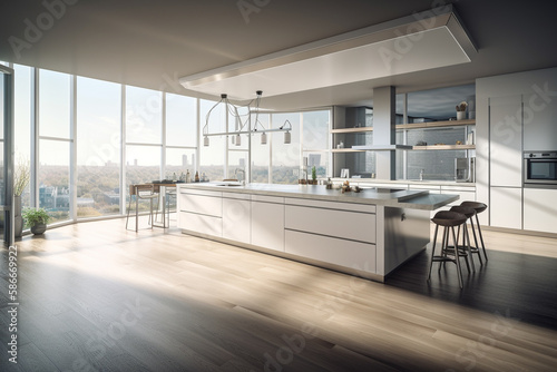 Spacious kitchen in modern style, brightly lit by the sun. AI Genarated