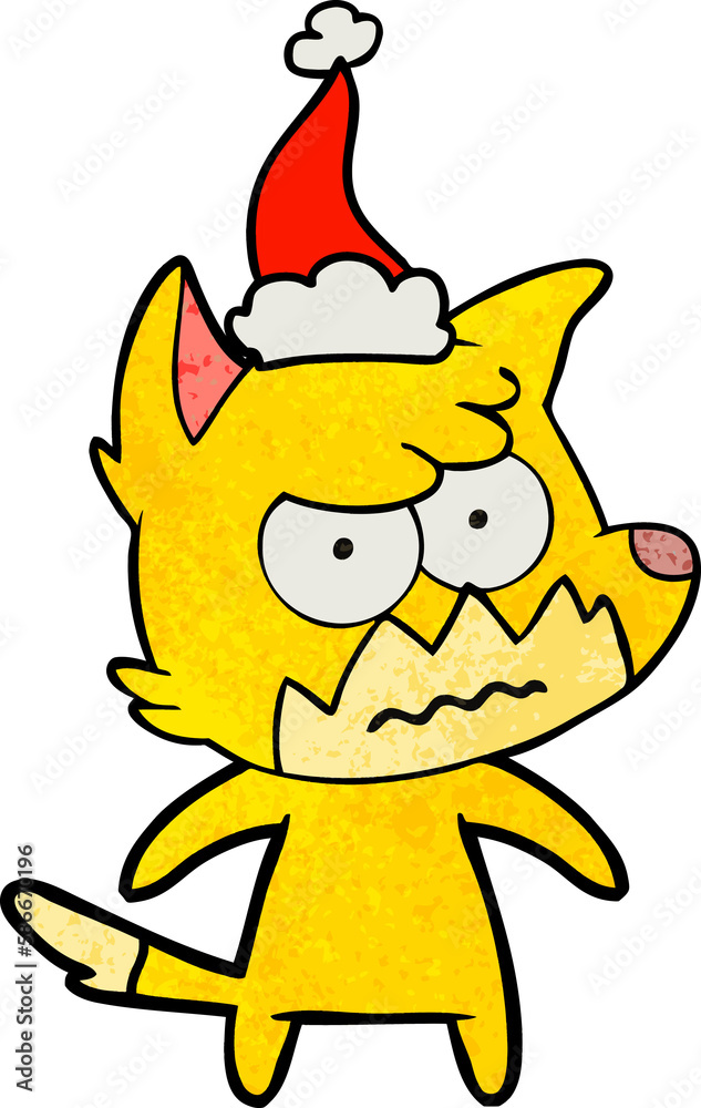 textured cartoon of a annoyed fox wearing santa hat