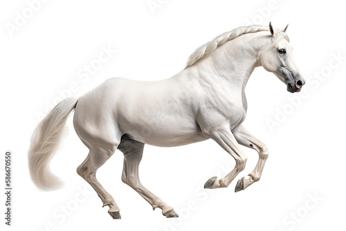 an isolated white quarter horse running, side view portrait, equestrian-themed photorealistic illustration on a transparent background cutout in PNG, Generative AI