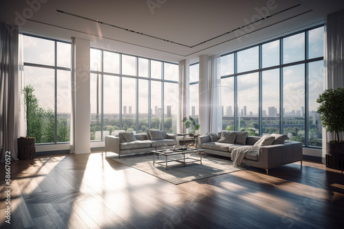 Spacious bright living room with panoramic windows. AI Generated