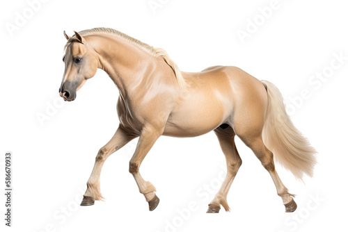 an isolated palomino horse running, jumping, side view portrait, equestrian-themed photorealistic illustration on a transparent background cutout in PNG, Generative AI