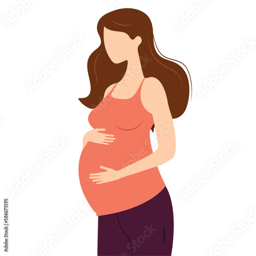 Pregnant young Caucasian woman with long hair in pink tank top and pant holding her bump with hands. Female reproductive health maternity childbirth concept