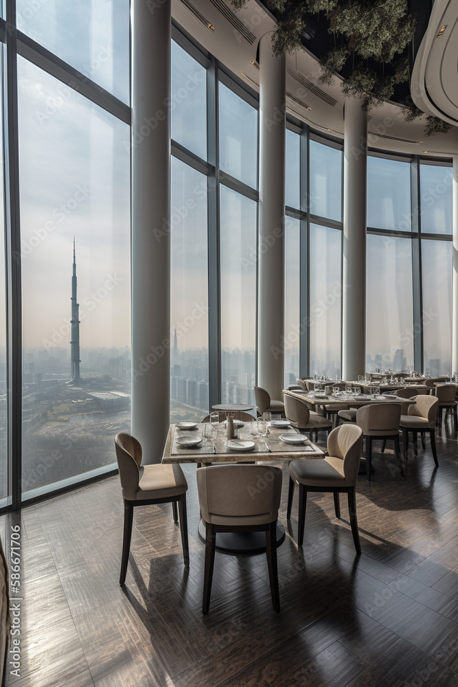 Restaurant with a panoramic view of the city. AI Generated