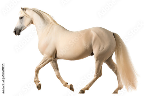 an isolated palomino horse running  jumping  side view portrait  equestrian-themed photorealistic illustration on a transparent background cutout in PNG  Generative AI