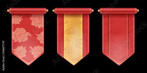 3D Chinese scroll set, vector royal red festive banner kit, asian game UI traditional design element. Luxury celebration China background, spring floral print, silk banner. Chinese scroll collection