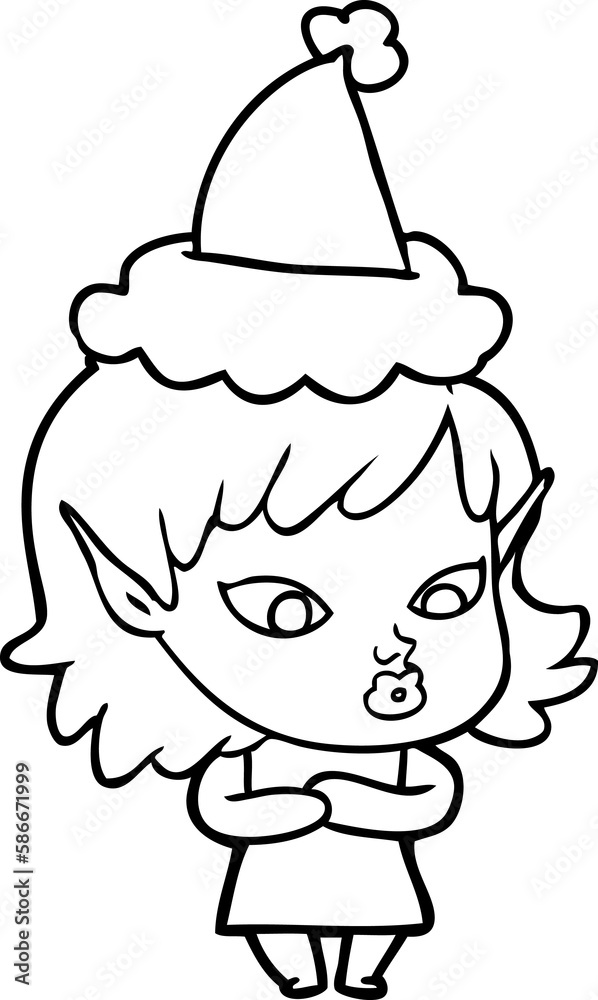 pretty line drawing of a elf girl wearing santa hat