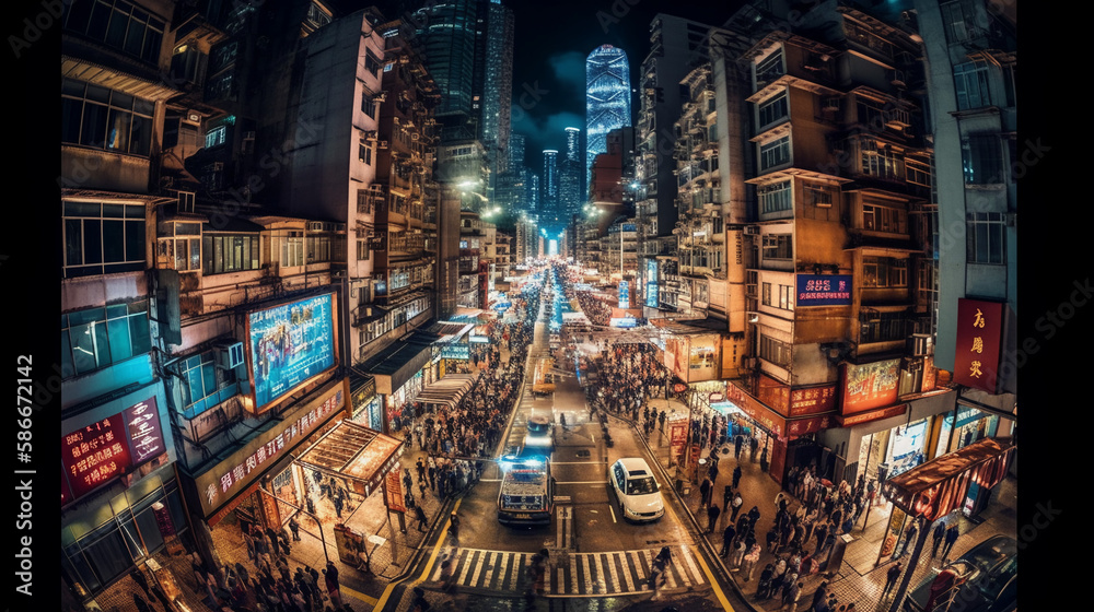 Obraz premium bustling cityscape at night, fisheye lens