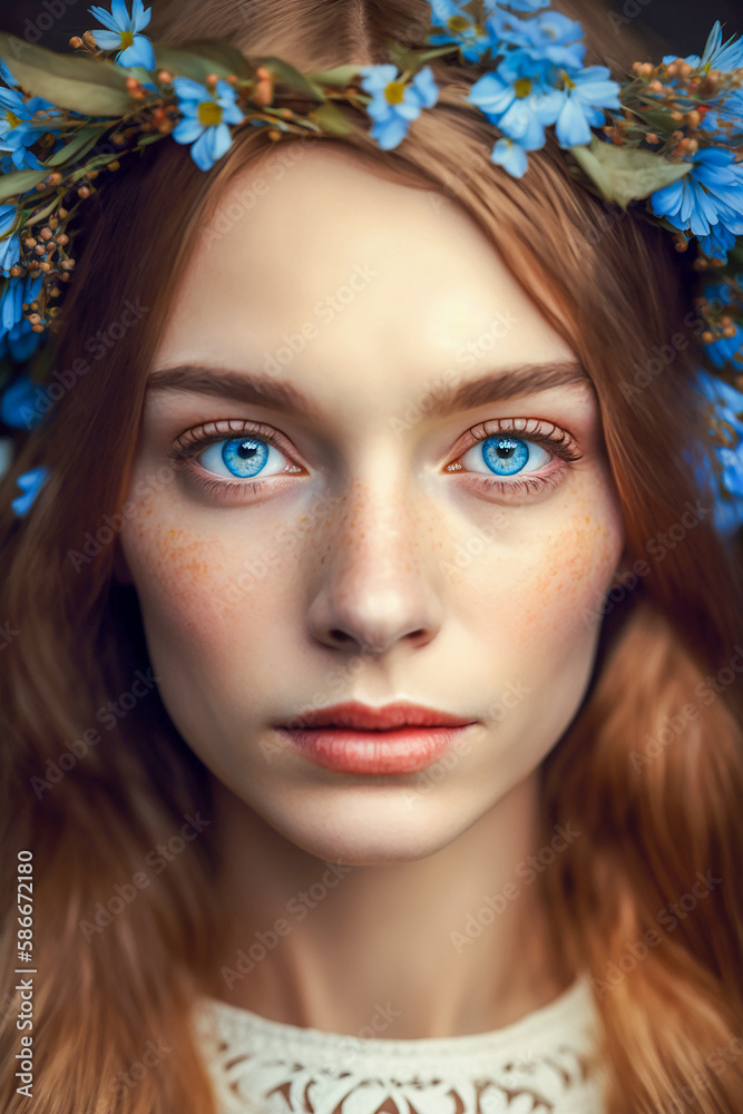 Pretty young blue eyes caucasian girl wearing a flower wreath on her head. Generative AI