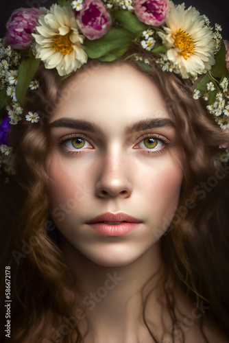 Pretty young caucasian girl wearing a flower wreath on her head. Generative AI