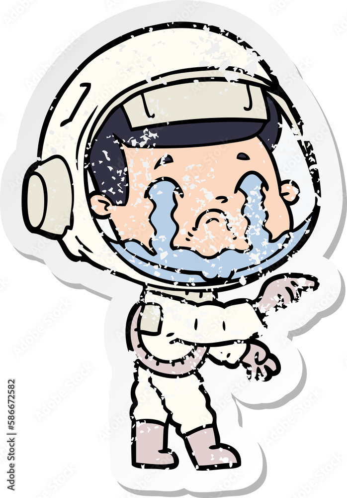 distressed sticker of a cartoon crying astronaut