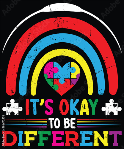 Autism Awareness It’s Okay To Be Different Love Autistic Support T-Shirt design. Autism Awareness Day T-Shirt Design Template, Illustration, Vector graphics, Autism Shirt, T-Shirt Design. autistic 