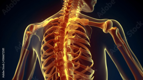 A medical image of scoliosis with a side view of the entire body, showcasing the thoracic and lumbar regions' rotation, evoking a sense of physical discomfort