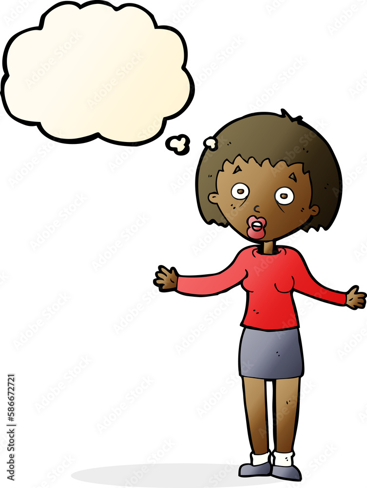 cartoon woman making excuses with thought bubble cartoon woman making excuses with thought bubble
