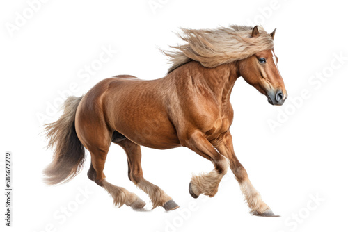 an isolated brown palomino horse running, jumping, side view portrait, equestrian-themed photorealistic illustration on a transparent background cutout in PNG, Generative AI