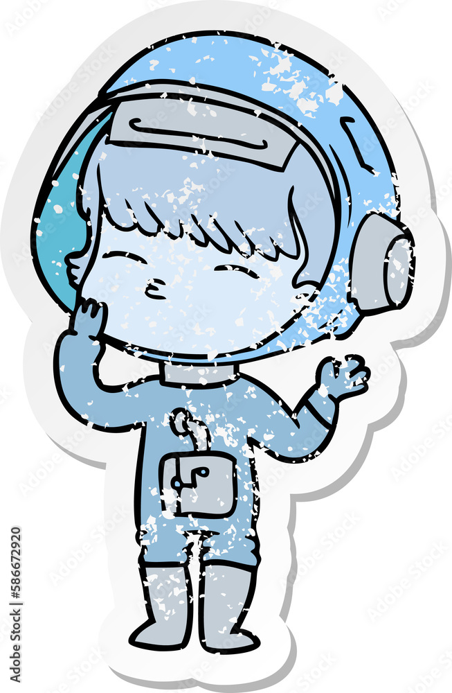 distressed sticker of a cartoon curious astronaut wondering distressed sticker of a cartoon curious astronaut wondering