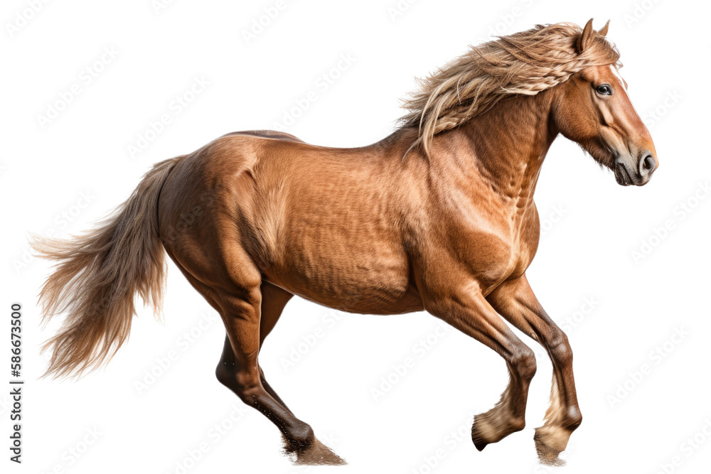 Obraz premium an isolated brown palomino horse running, jumping, side view portrait, equestrian-themed photorealistic illustration on a transparent background cutout in PNG, Generative AI