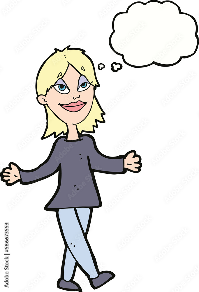 cartoon woman with no worries with thought bubble cartoon woman with no worries with thought bubble