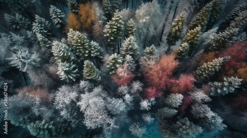 snow-covered forest in winter, drone shot