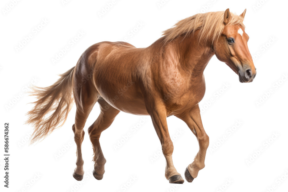 an isolated brown palomino horse running, jumping, side view portrait, equestrian-themed photorealistic illustration on a transparent background cutout in PNG, Generative AI