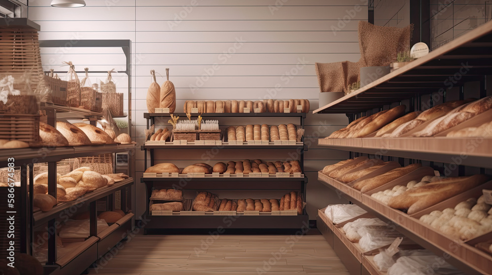Blurred Eco-Friendly Vegan Grocery and Bakery Store Interior with Organic Snacks and Bread on Shelf Created Using Generative AI