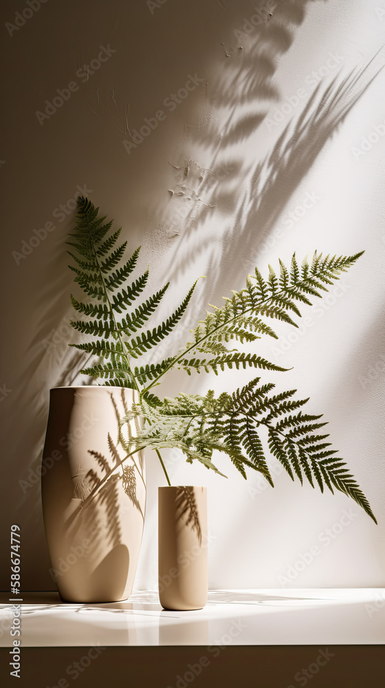 Beige Concrete Podium with Green Fern Tree in White Ceramic Vase for Skincare Product Display Created Using Generative AI Beige Concrete Podium with Green Fern Tree in White Ceramic Vase for Skincare Product Display Created Using Generative AI