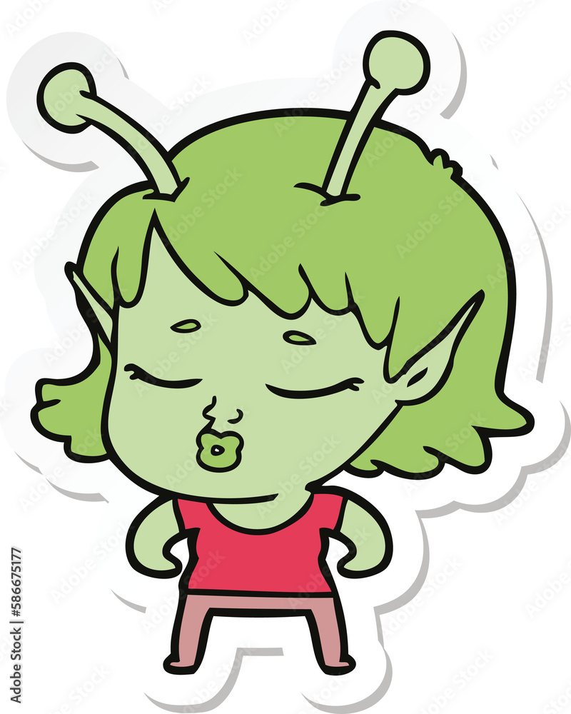 sticker of a cute alien girl cartoon sticker of a cute alien girl cartoon