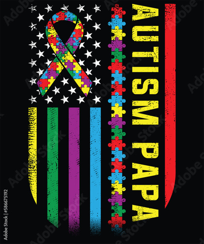American Flag Autism Papa Awareness T-Shirt design. Autism Awareness Day T-Shirt Design Template, Illustration, Vector graphics, Autism Shirt, T-Shirt Design. autistic design, autism awareness