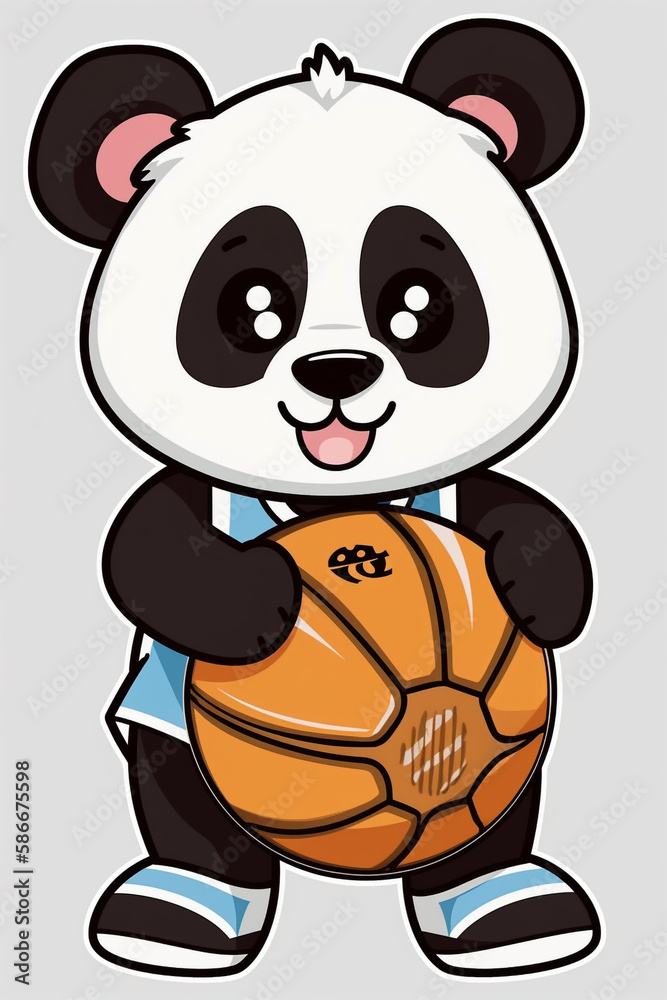 Obraz premium Cool panda in a sports uniform and with a basketball ball. AI genarated