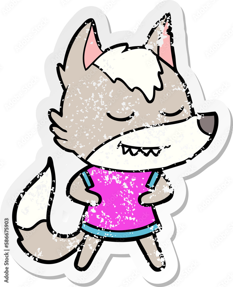 distressed sticker of a friendly cartoon wolf girl distressed sticker of a friendly cartoon wolf girl