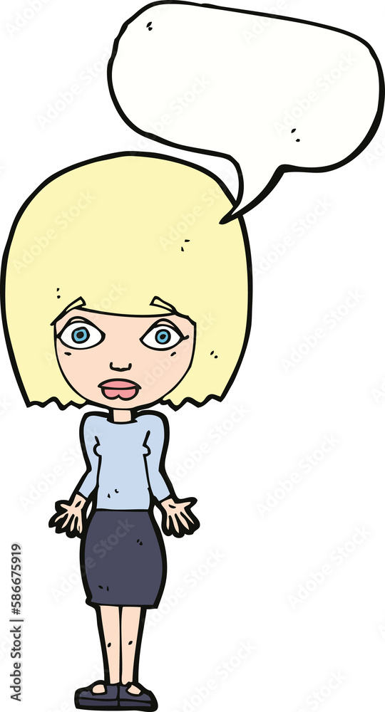 cartoon woman shrugging shoulders with speech bubble cartoon woman shrugging shoulders with speech bubble