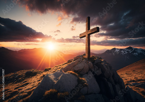 Christian cross on top of a mountain. Sunset landscape. Easter wallpapers. Generative ai