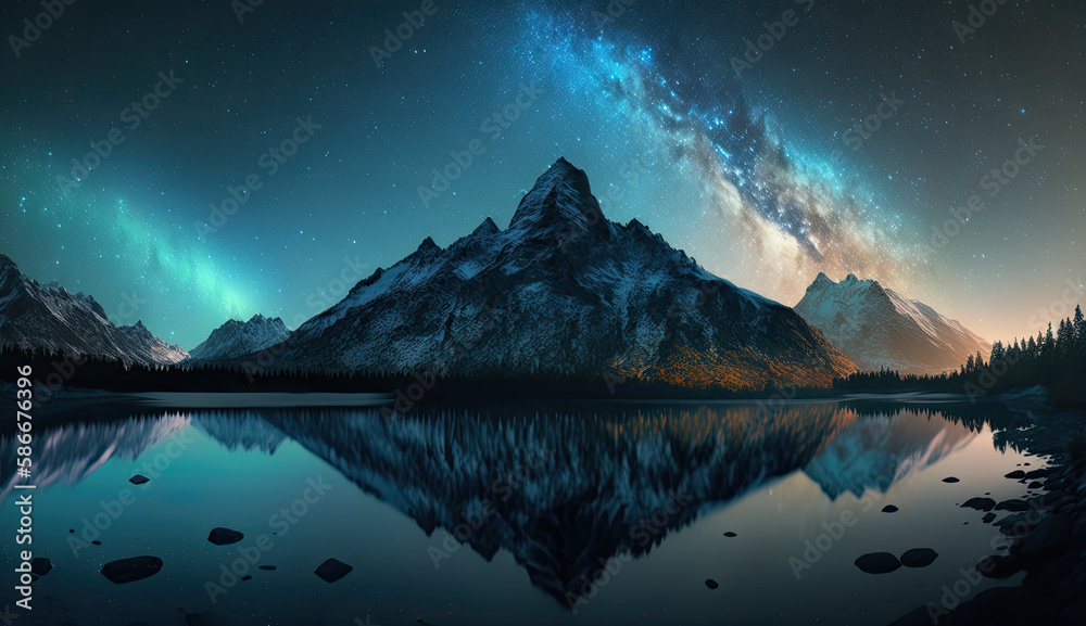 Starry Night with Aurora over a Beautiful Mountain and Lake Created Using Generative Ai