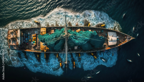 Fishing boat uses nets to carry out massive fishing. Concept of caring for our oceans. © Gabi