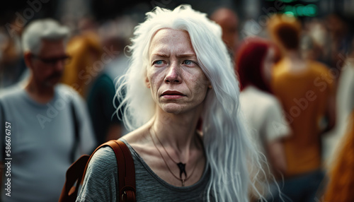 Beautiful street portrait of albino woman. International albinism day. photo