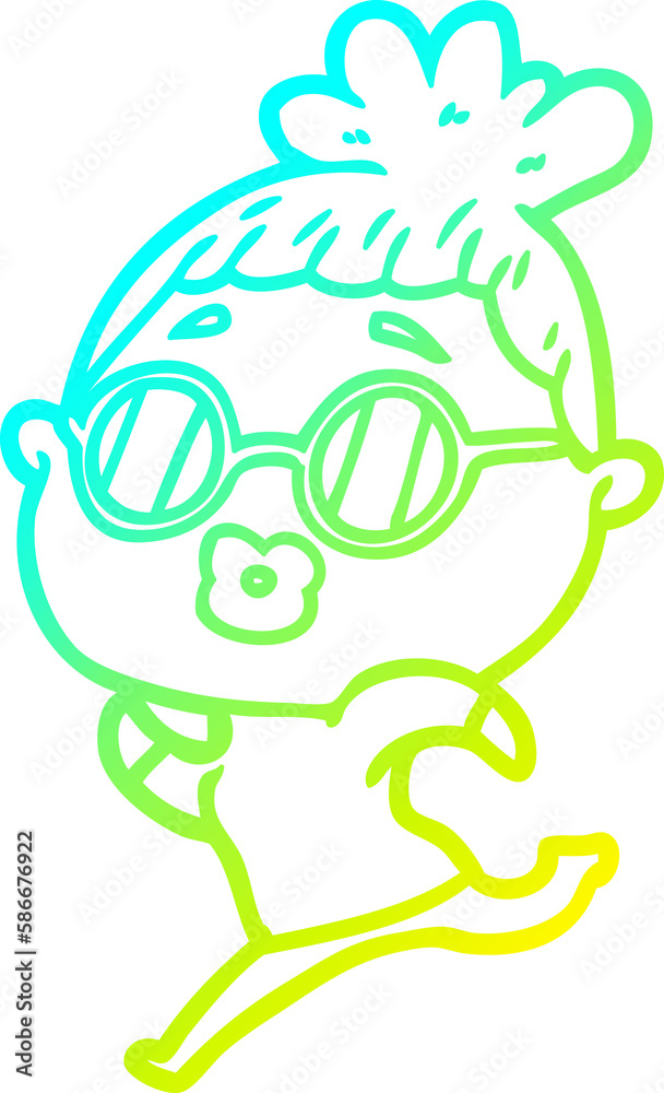 Fototapeta premium cold gradient line drawing cartoon woman running wearing sunglasses