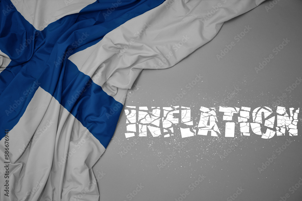 waving colorful national flag of finland on a gray background with broken text inflation. 3d illustration
