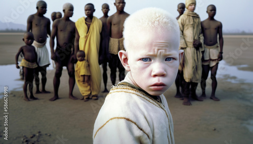 African tribe look at albino boy from their tribe and seem to reject him. photo
