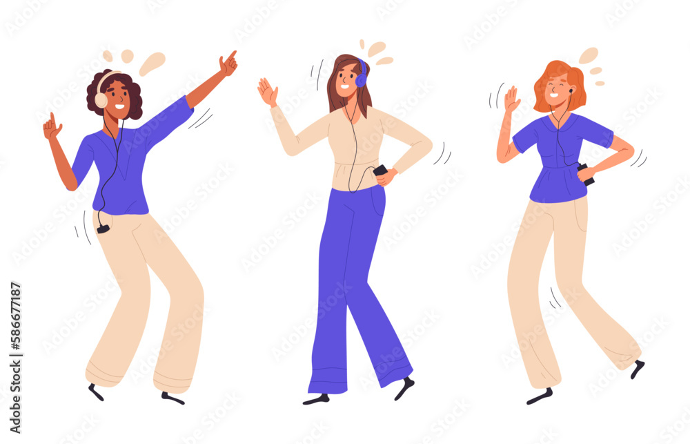 Flat female dancers. Women moving to music, people dancing and enjoying music party flat vector illustration set Flat female dancers. Women moving to music, people dancing and enjoying music party flat vector illustration set