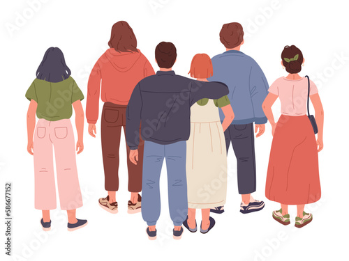 People view from behind. Male and female characters back side position. Fashionable people group flat vector Illustration