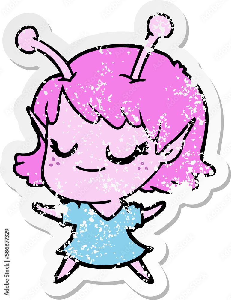 distressed sticker of a smiling alien girl cartoon distressed sticker of a smiling alien girl cartoon